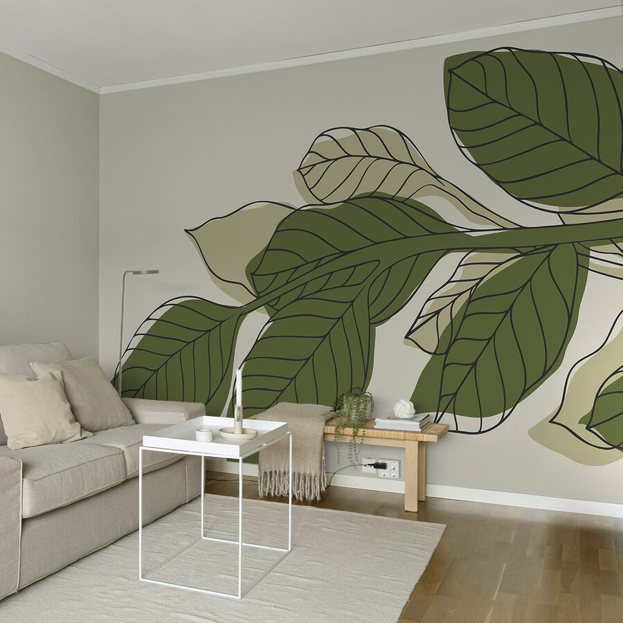Wall murals Green leafy plant with black lines