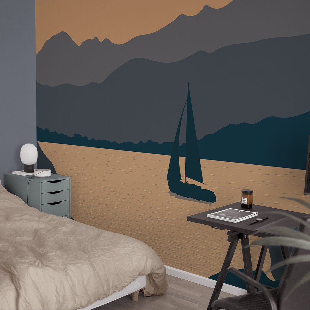 Sailboat on water with mountains in the background Sailboat on water with mountains in the background