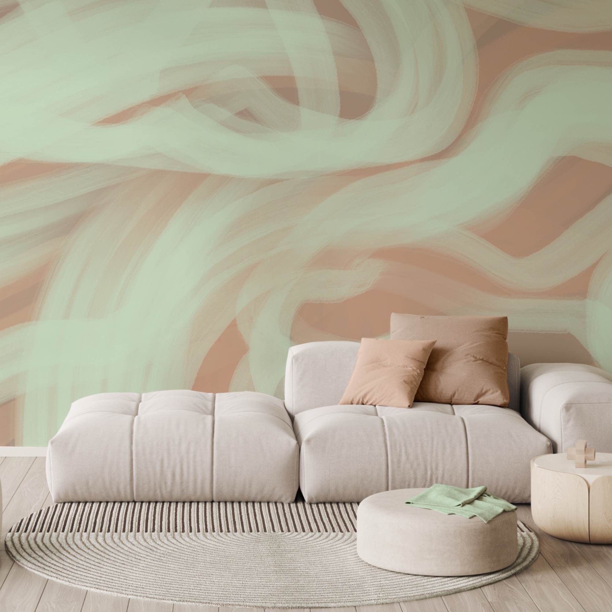 White and green swirls on a pink background
