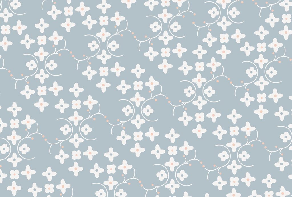 Pattern of white flowers and pink dots on a blue background t00159p 1024x693 - Pattern of white flowers and pink dots on a blue background