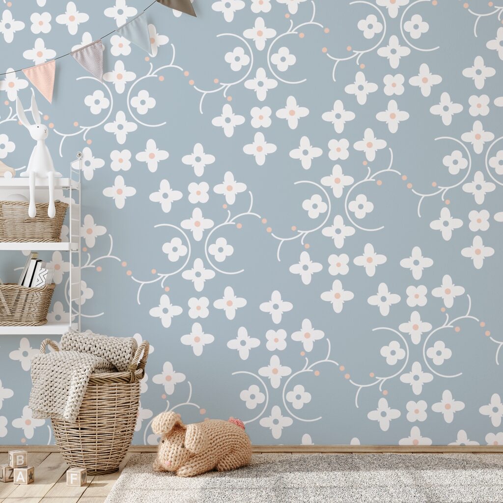 Pattern of white flowers and pink dots on a blue background t00159pir1ms 1024x1024 - Pattern of white flowers and pink dots on a blue background