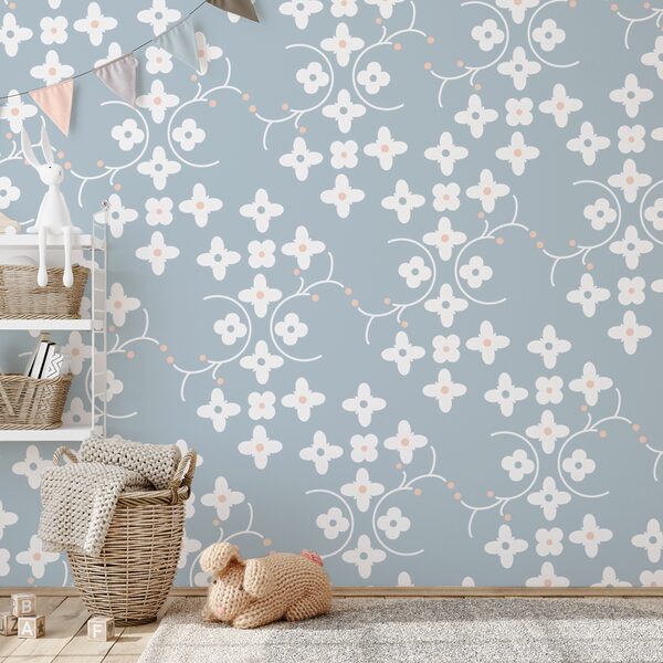 Pattern of white flowers and pink dots on a blue background t00159pir1ms 600x600 - Pattern of white flowers and pink dots on a blue background