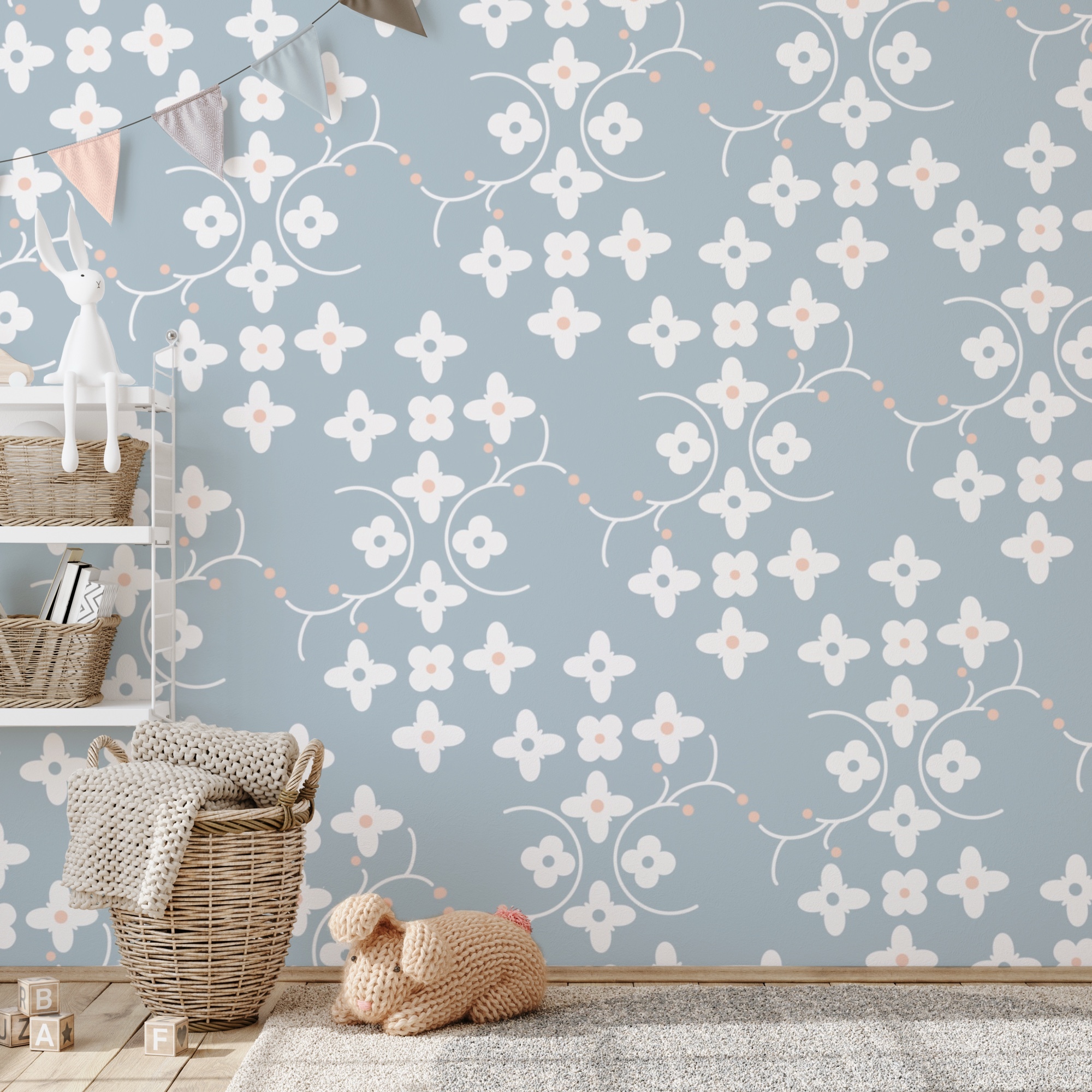 Pattern of white flowers and pink dots on a blue background Pattern of white flowers and pink dots on a blue background