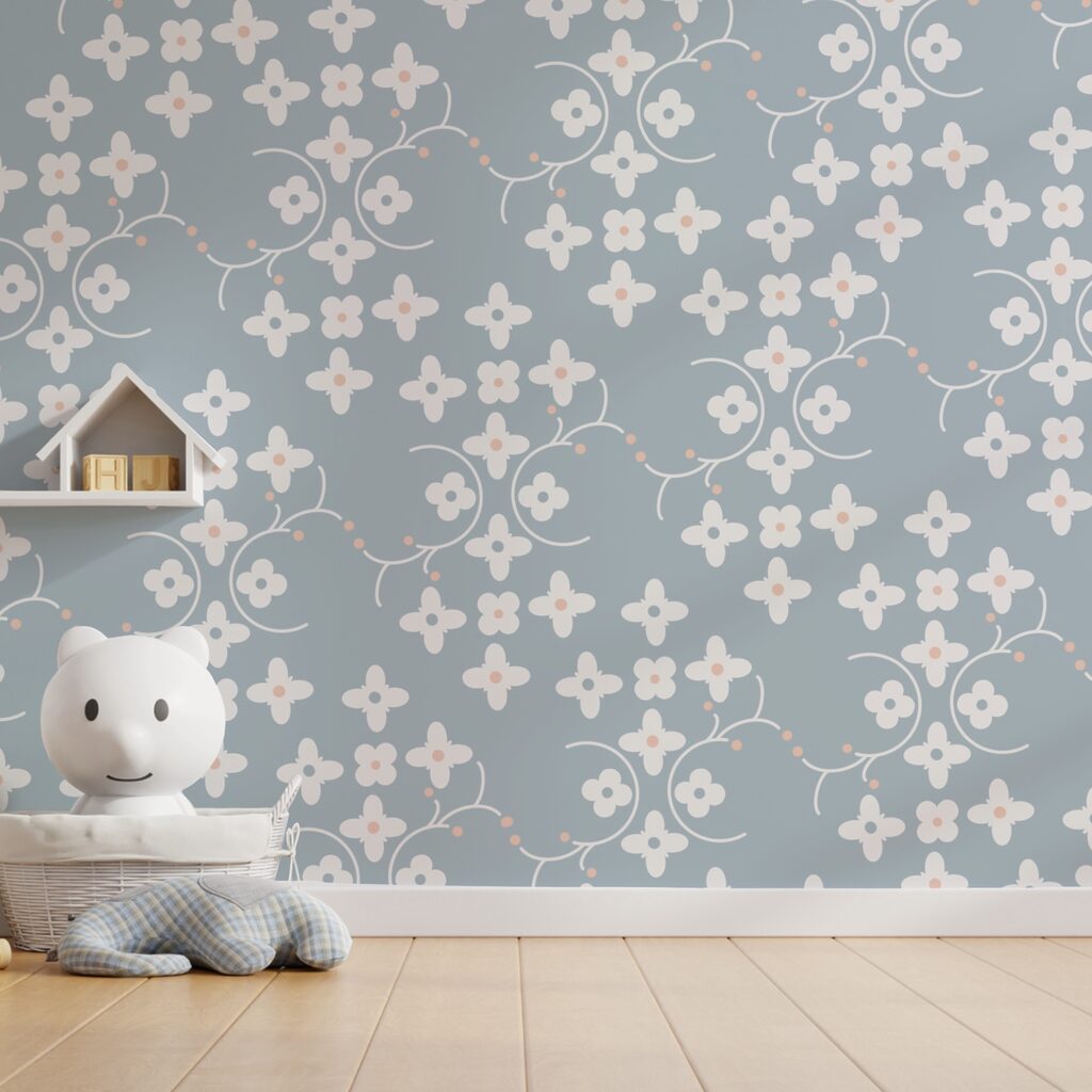 Pattern of white flowers and pink dots on a blue background t00159pir2 1024x1024 - Pattern of white flowers and pink dots on a blue background