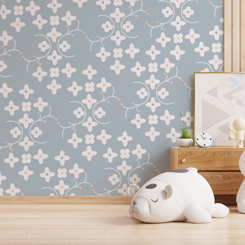 Pattern of white flowers and pink dots on a blue background t00159pir3 1024x1024 - Pattern of white flowers and pink dots on a blue background