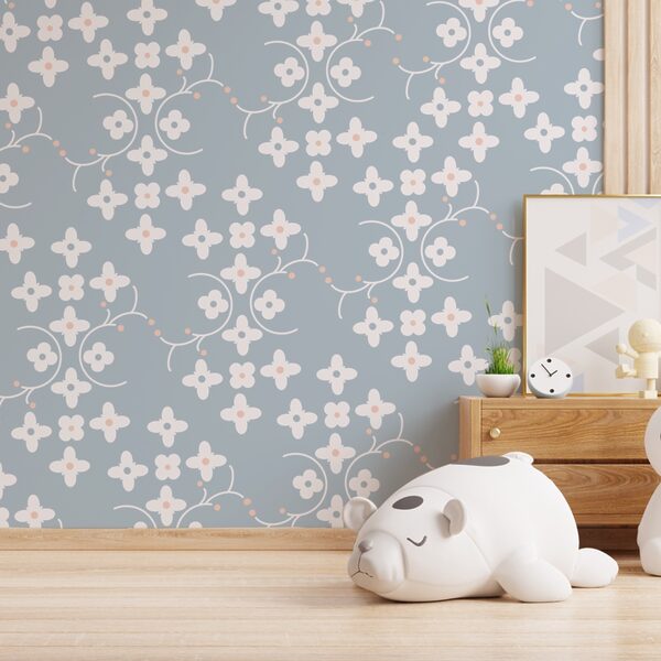 Pattern of white flowers and pink dots on a blue background t00159pir3 600x600 - Pattern of white flowers and pink dots on a blue background