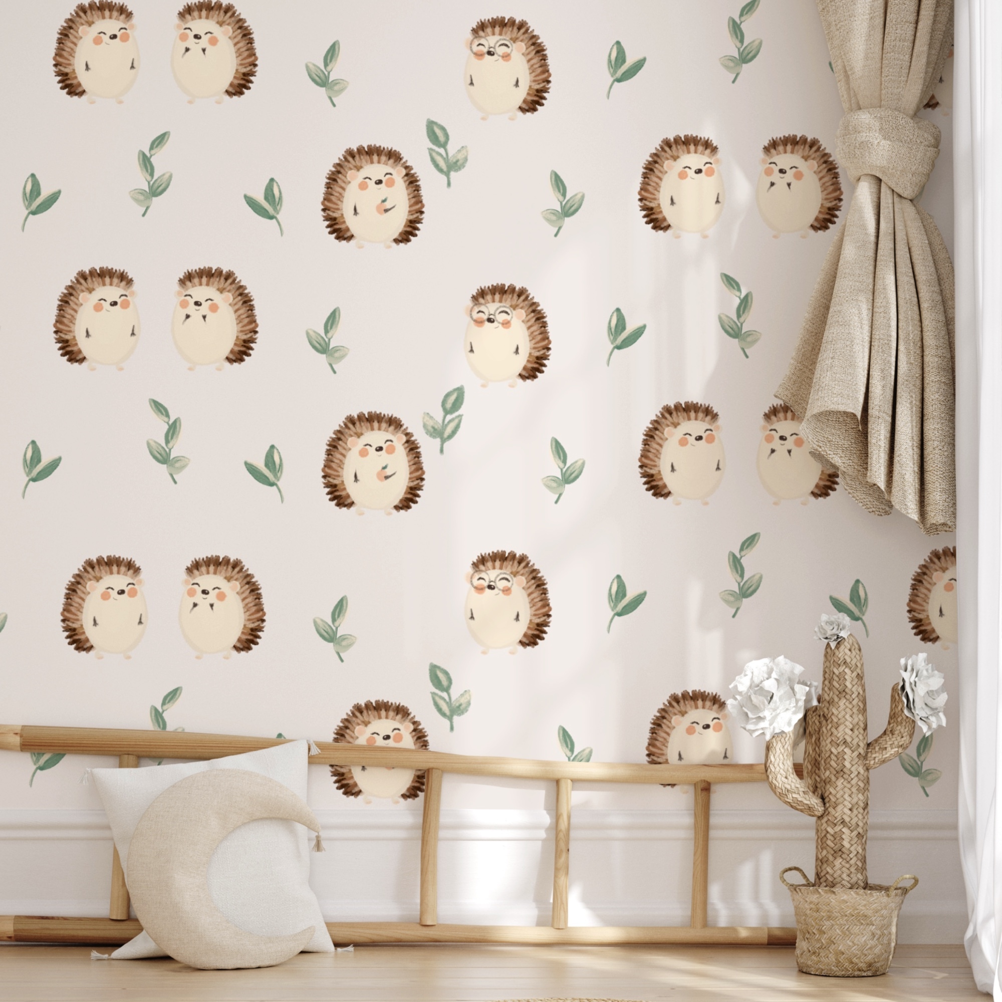 Pattern of hedgehogs and leaves