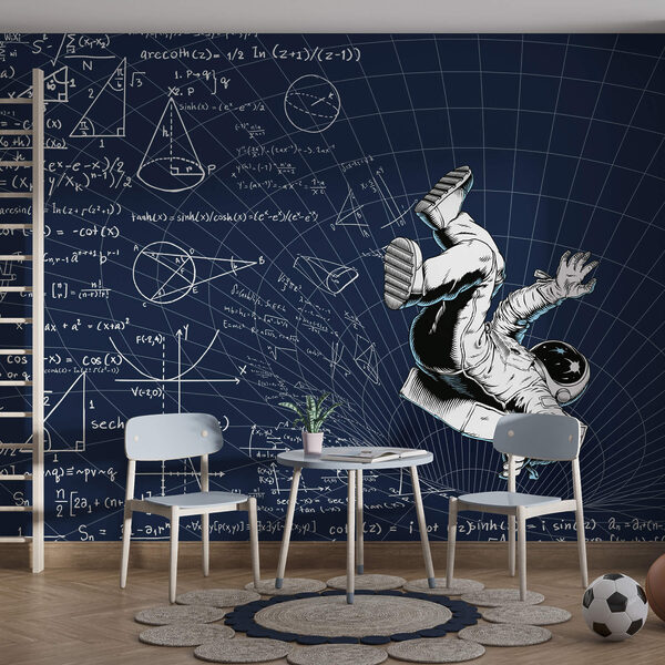 Man in space suit falling on a board with math equations Man in space suit falling on a board with math equations