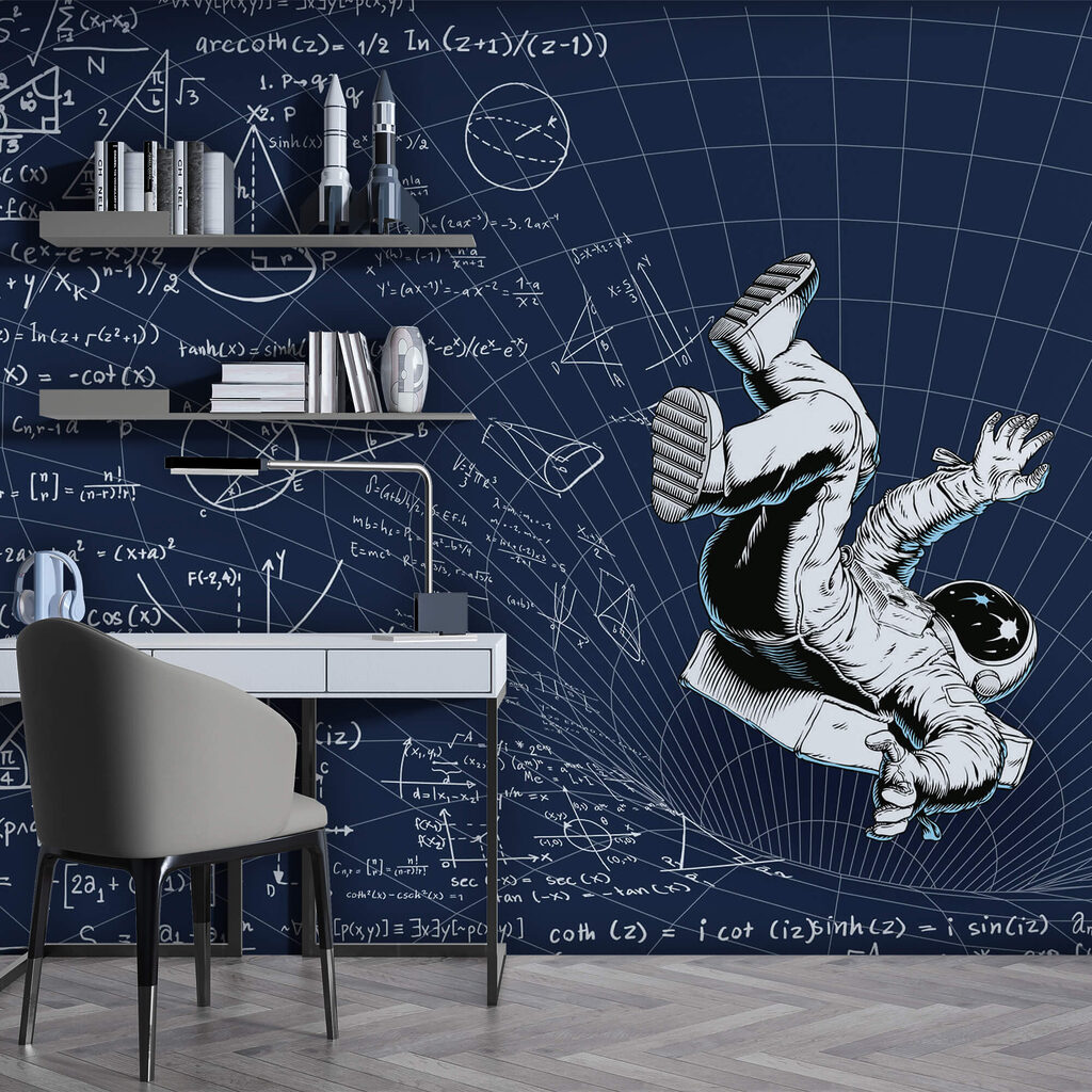 Man in space suit falling on a board with math equations Man in space suit falling on a board with math equations