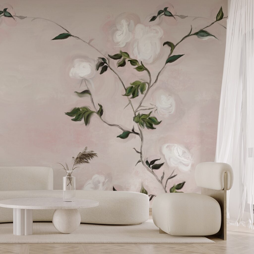 Painting of a branch with white flowers and green leaves