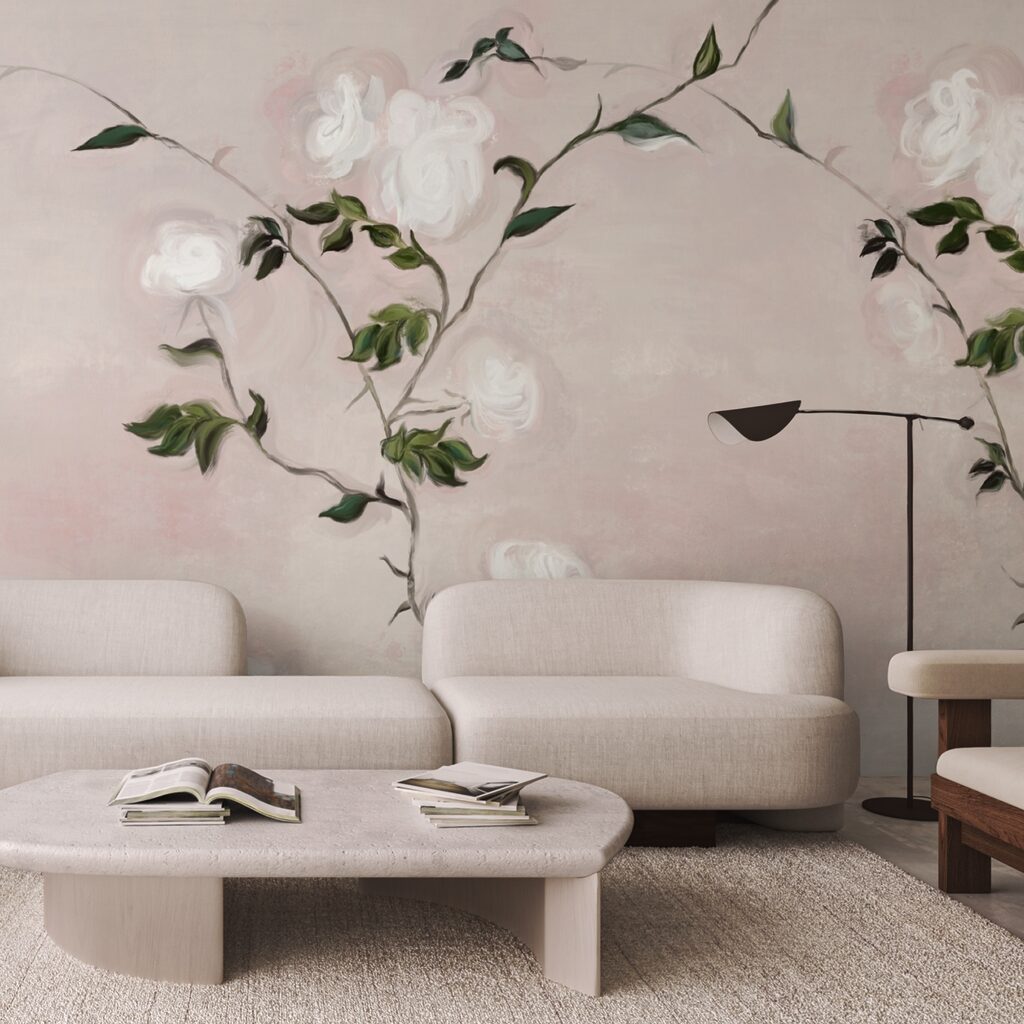 Painting of a branch with white flowers and green leaves