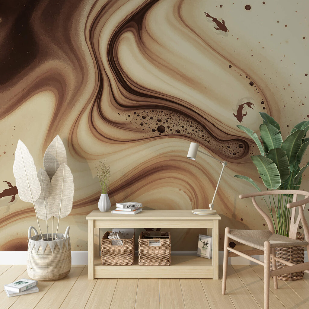 Brown and white swirly waves with fish silhouettes Brown and white swirly waves with fish silhouettes