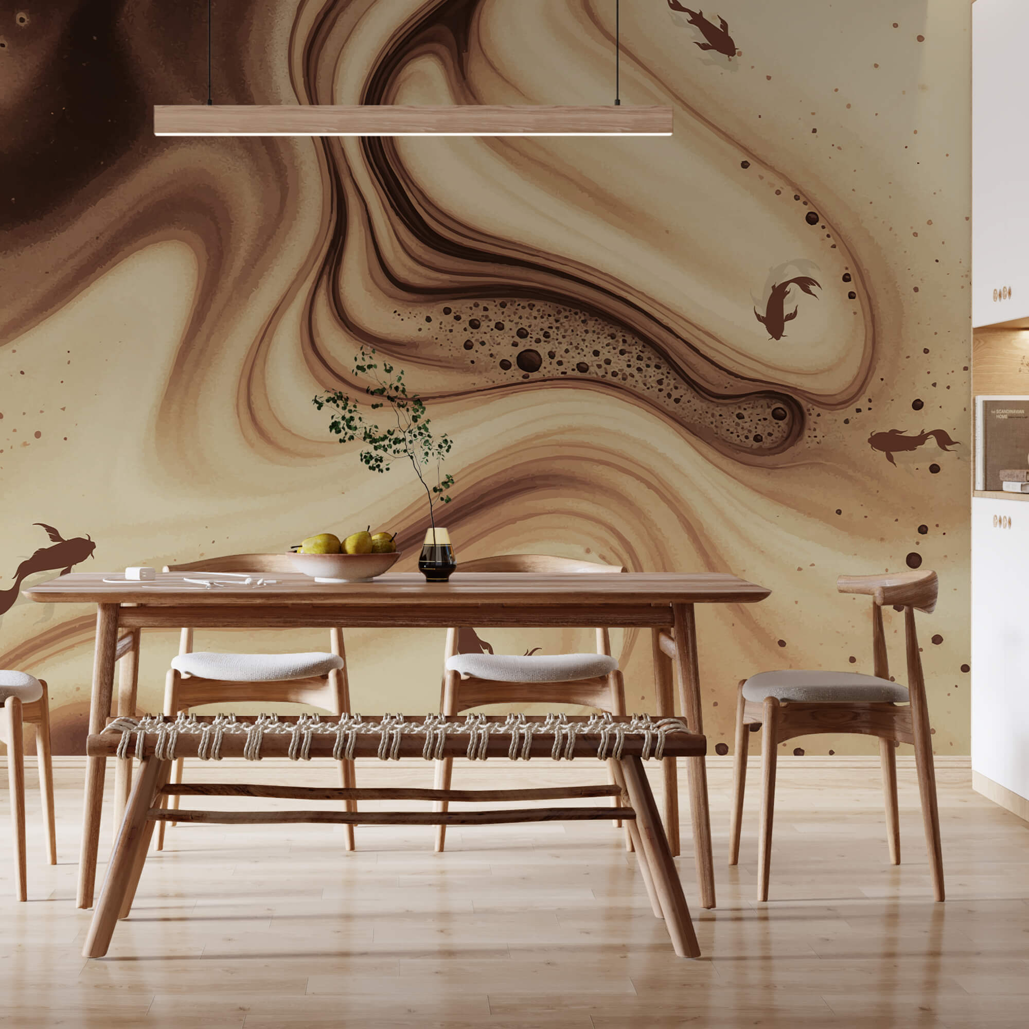 Brown and white swirly waves with fish silhouettes Brown and white swirly waves with fish silhouettes