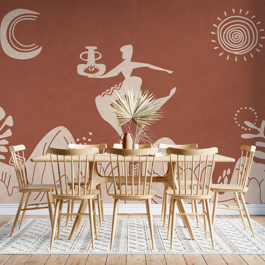 Drawing of a man holding a pot and a pot on a mountain