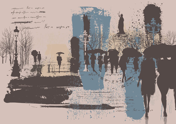 Group of people walking with umbrellas Group of people walking with umbrellas