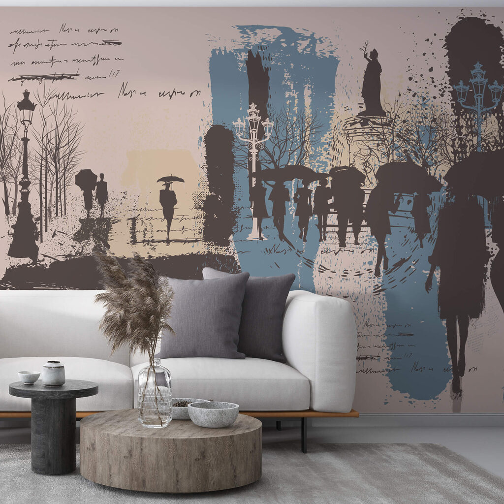 Group of people walking with umbrellas