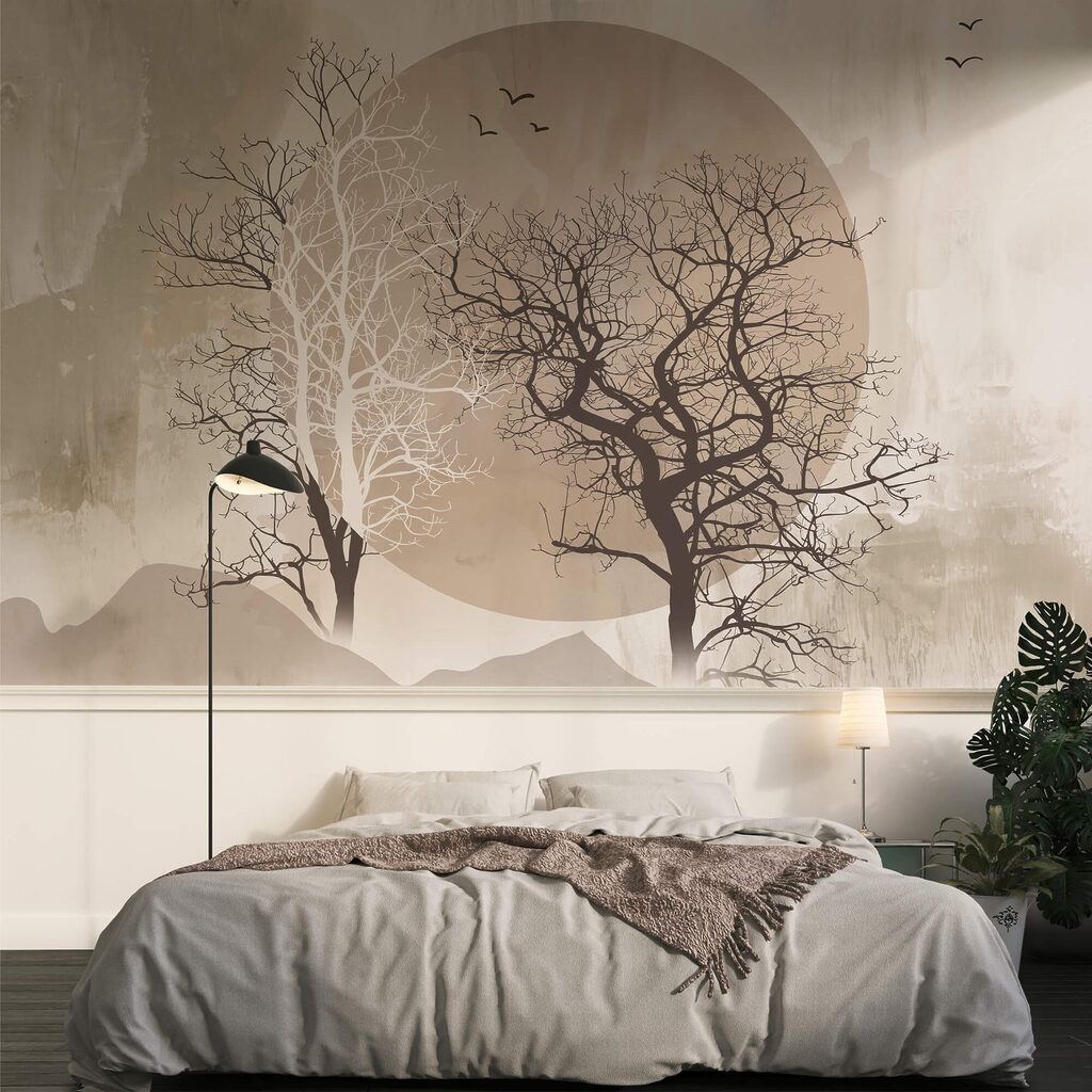 Painting of trees and a sun