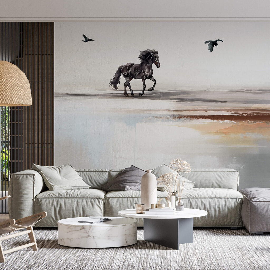 Painting of a horse running on a beach with birds flying Painting of a horse running on a beach with birds flying