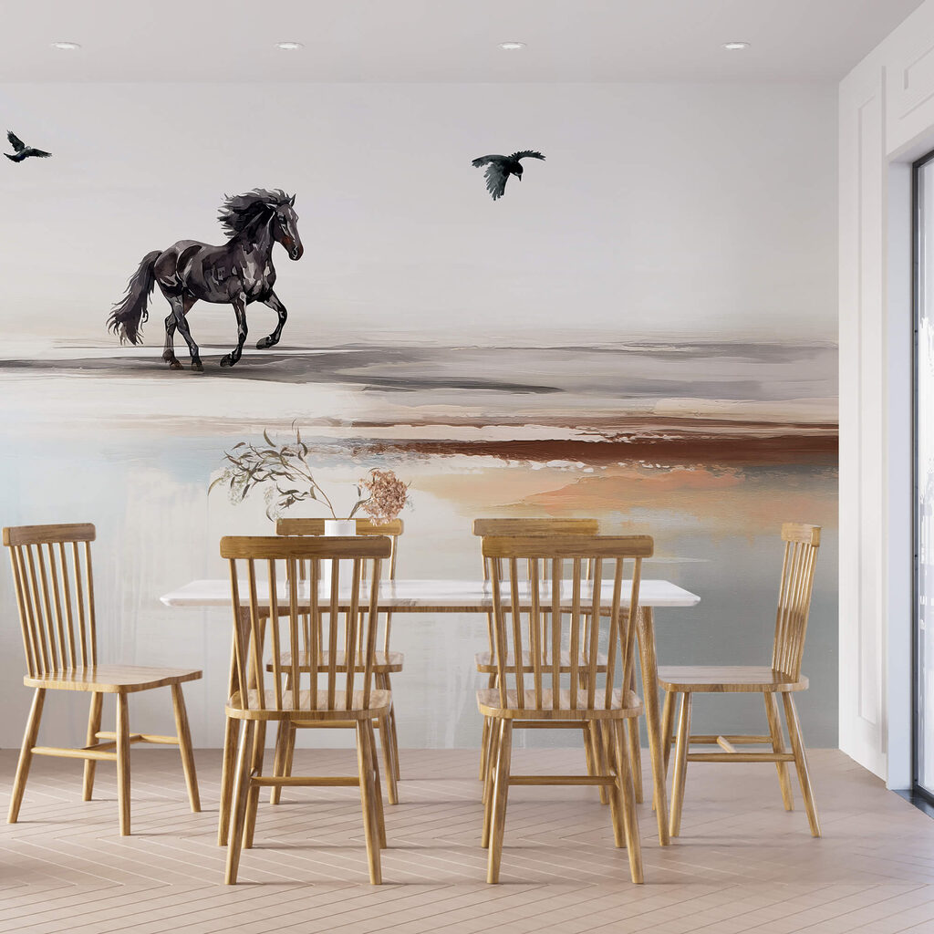 Painting of a horse running on a beach with birds flying Painting of a horse running on a beach with birds flying