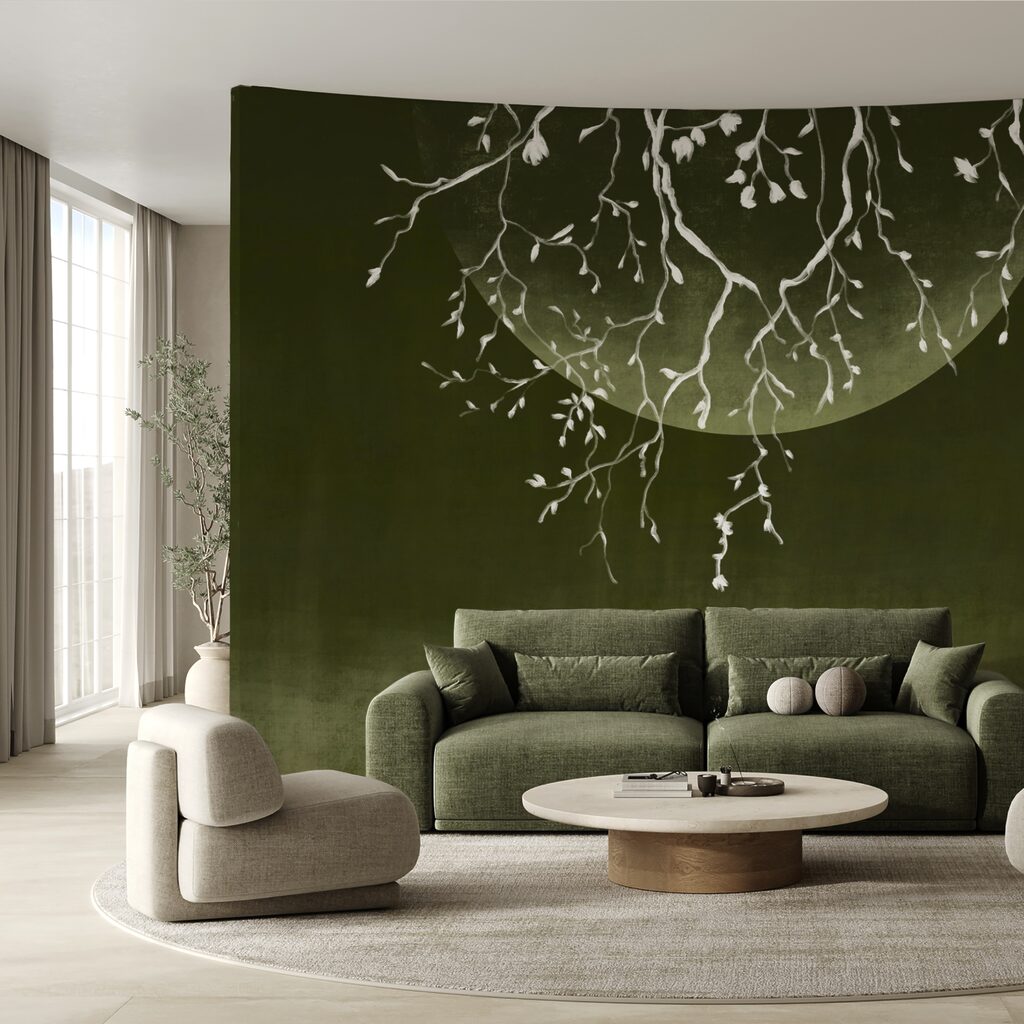 Tree branches with leaves and a moon