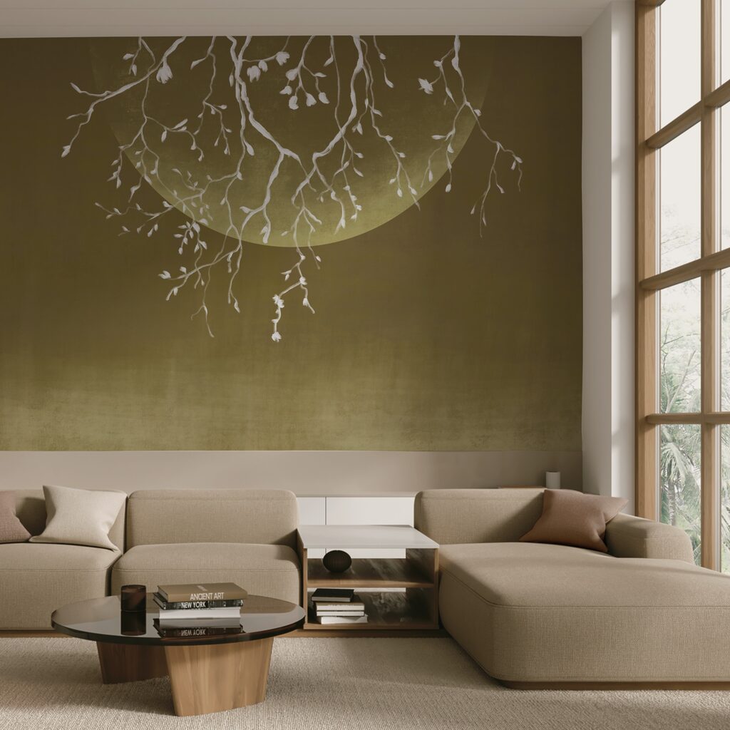 Tree branches with leaves and a moon