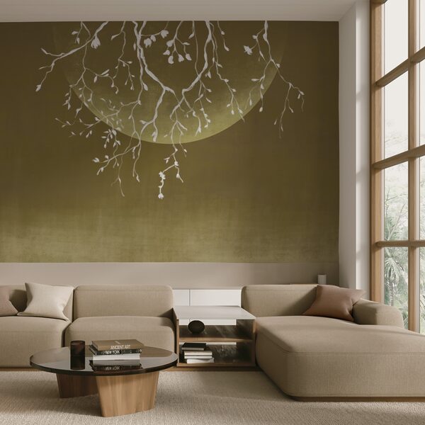 Tree branches with leaves and a moon