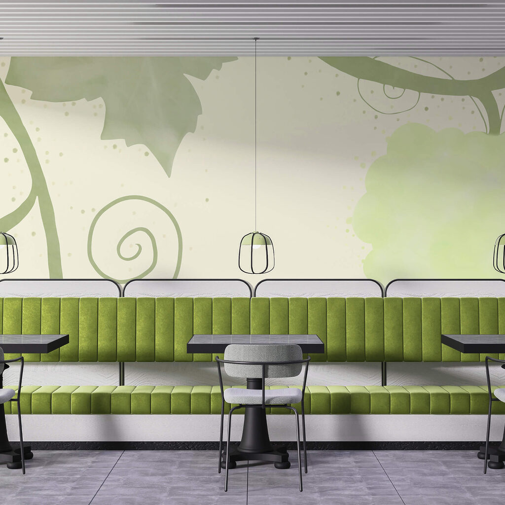 Green leaves and swirls on a white background