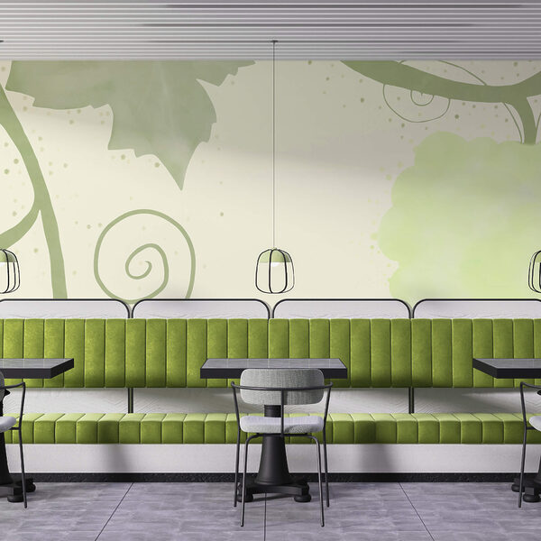 Green leaves and swirls on a white background