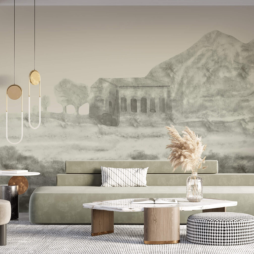 Drawing of a building and a mountain