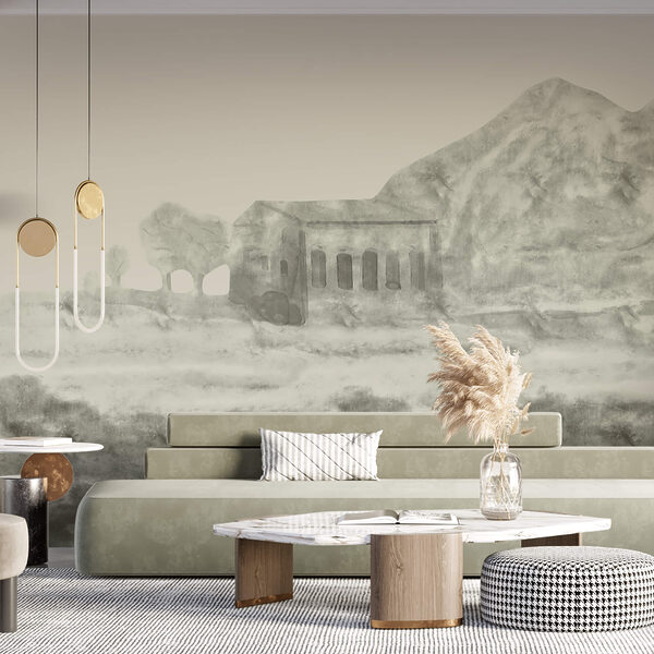 Drawing of a building and a mountain