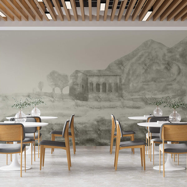 Drawing of a building and a mountain