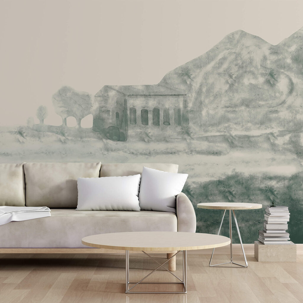 Painting of a building and a mountain