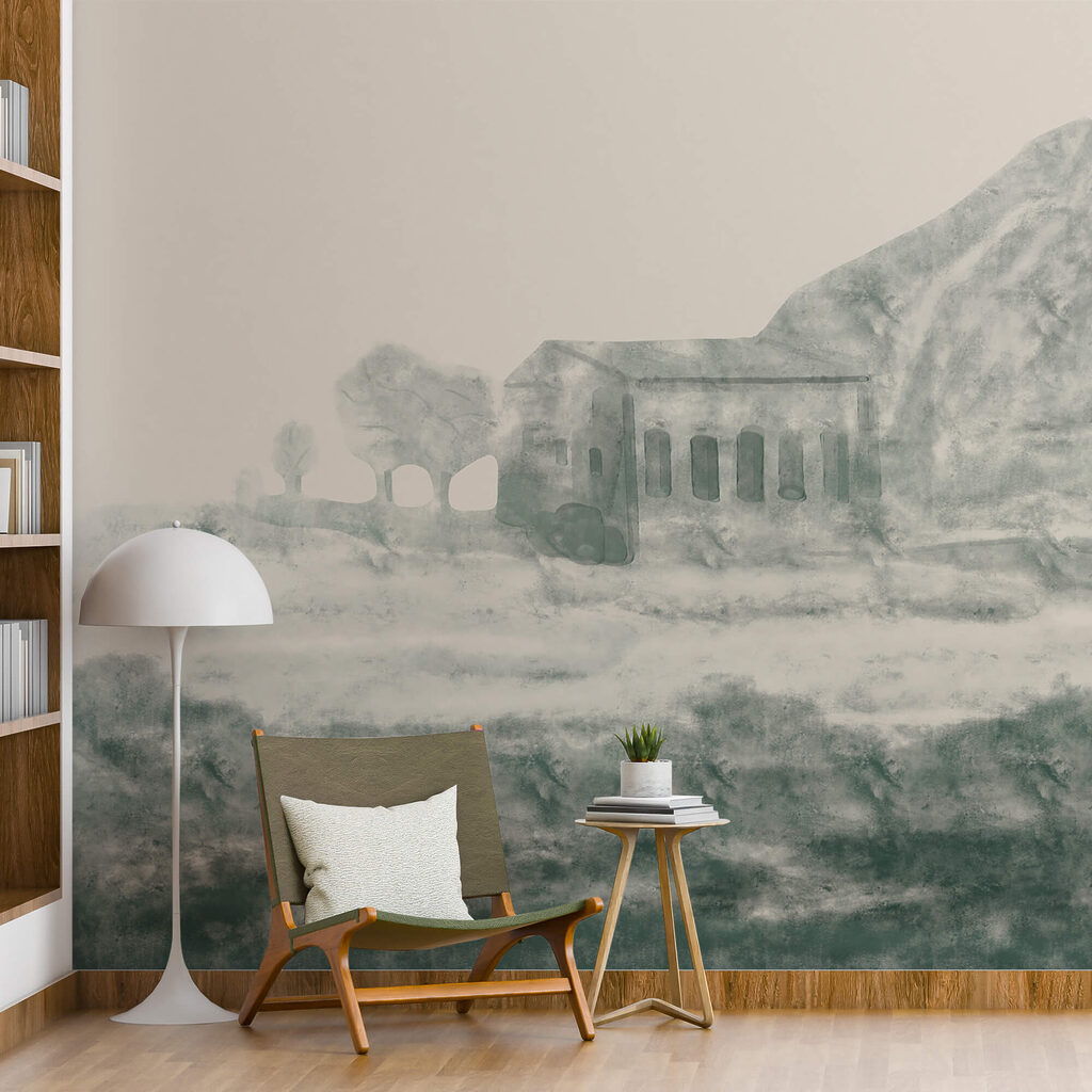 Painting of a building and a mountain