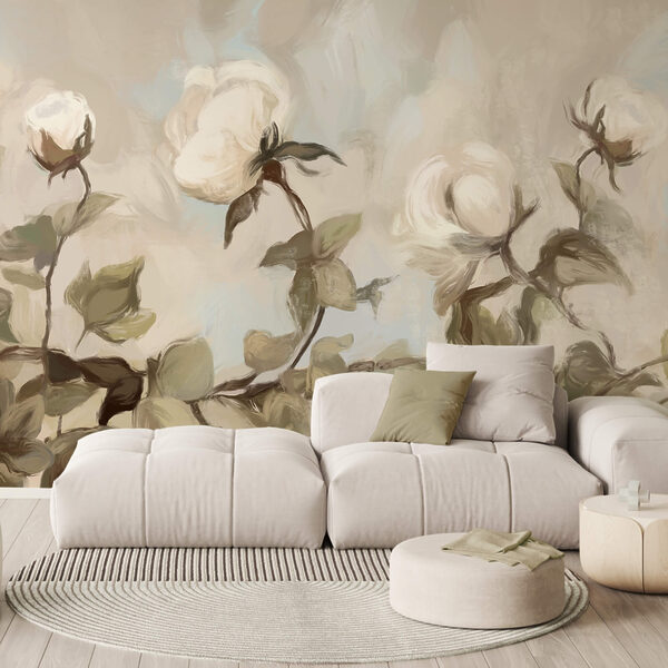 Wall murals Painting of white flowers and leaves (SKU: t00343) Wall murals Wall murals Painting of white flowers and leaves (SKU: t00343)