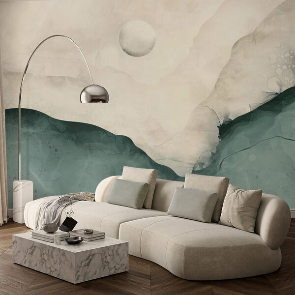 Painting of a mountain with a moon in the sky