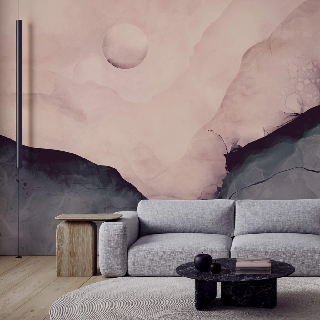 Painting of a mountain with a moon Painting of a mountain with a moon