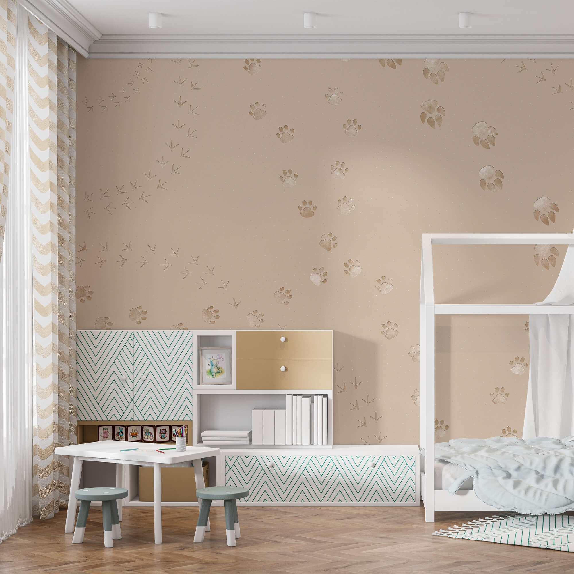 Pattern of paw prints and birds