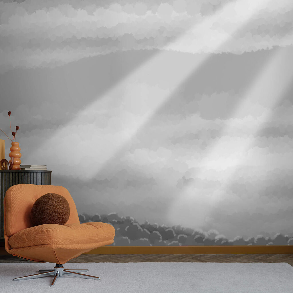 Greyscale image of clouds and sun rays