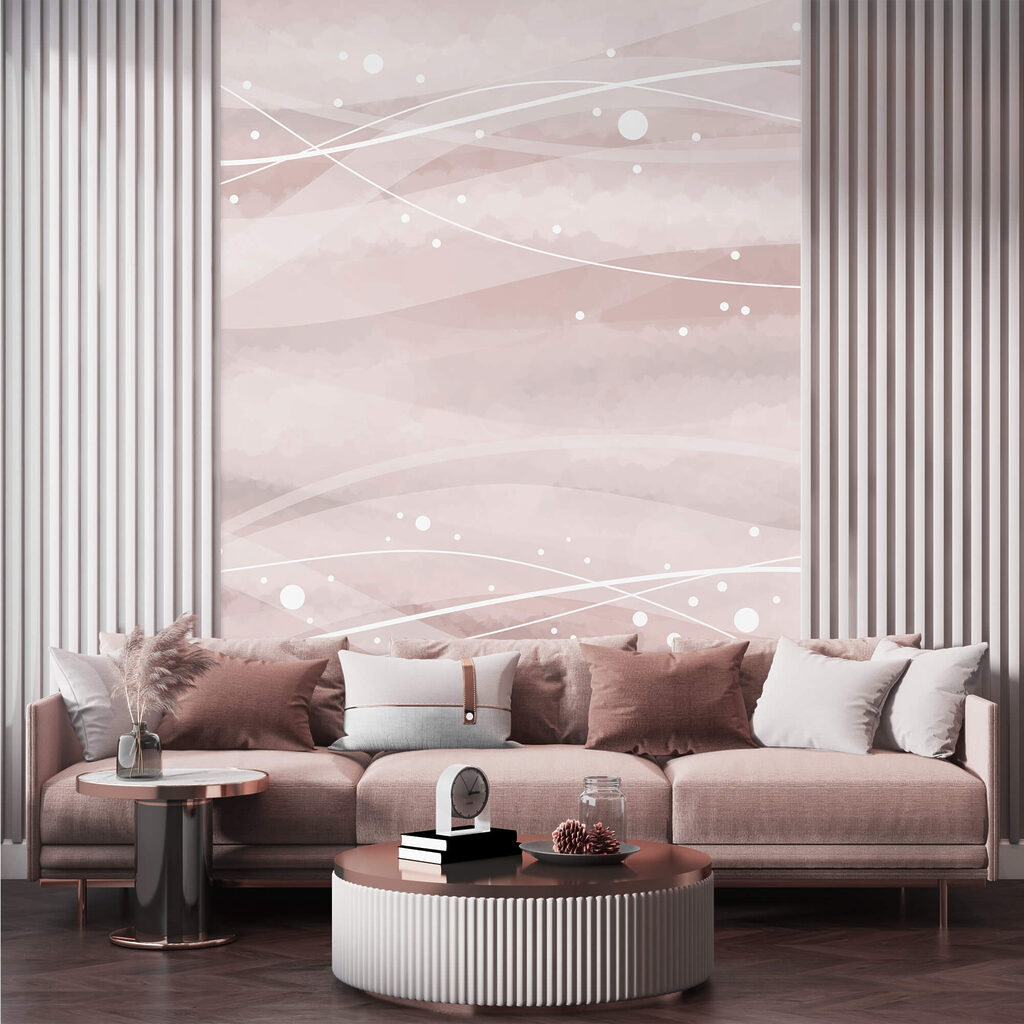 White lines and dots on a pink background