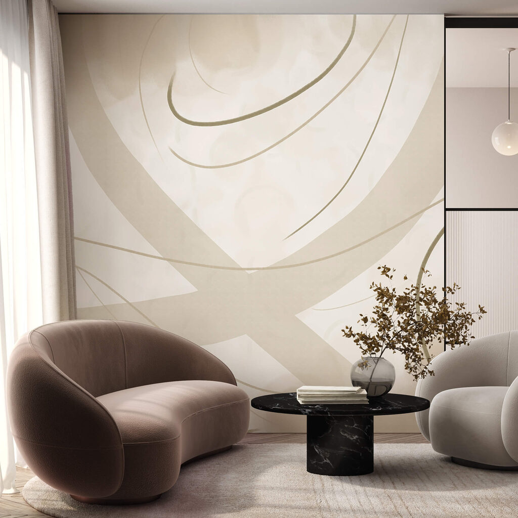 White and brown background with lines and curves