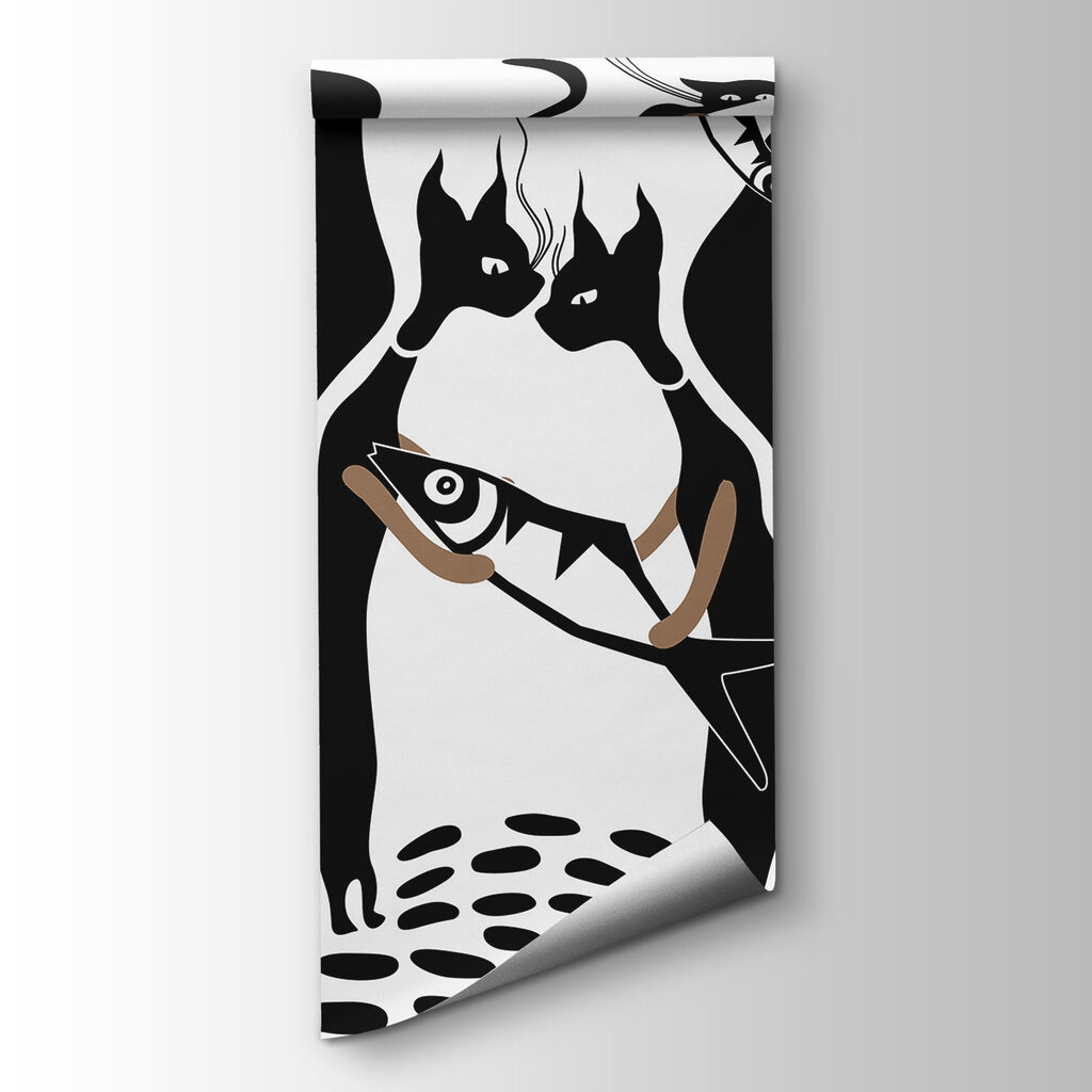 Black and white cat with fish and fish Black and white cat with fish and fish