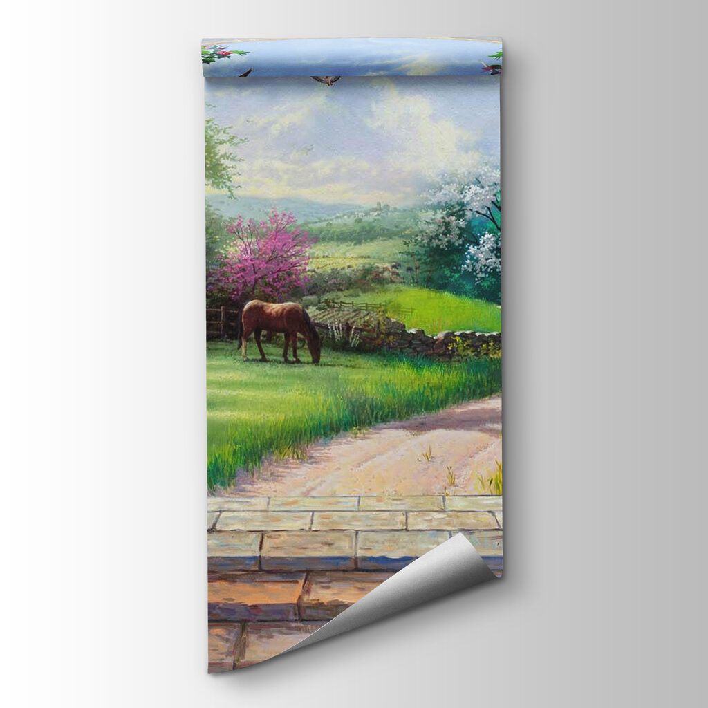 Painting of a landscape with a horse and a house Painting of a landscape with a horse and a house