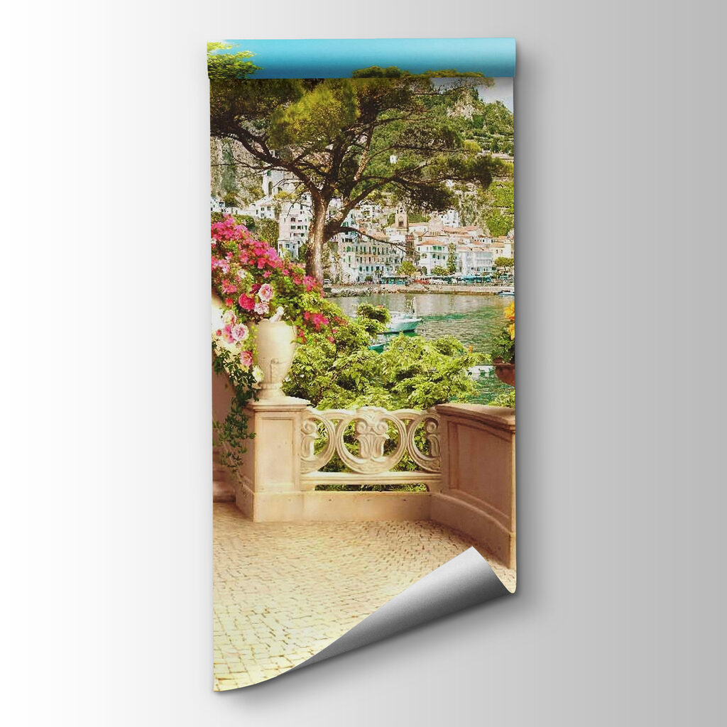 Stone staircase with flowers and trees on the side of the water Stone staircase with flowers and trees on the side of the water