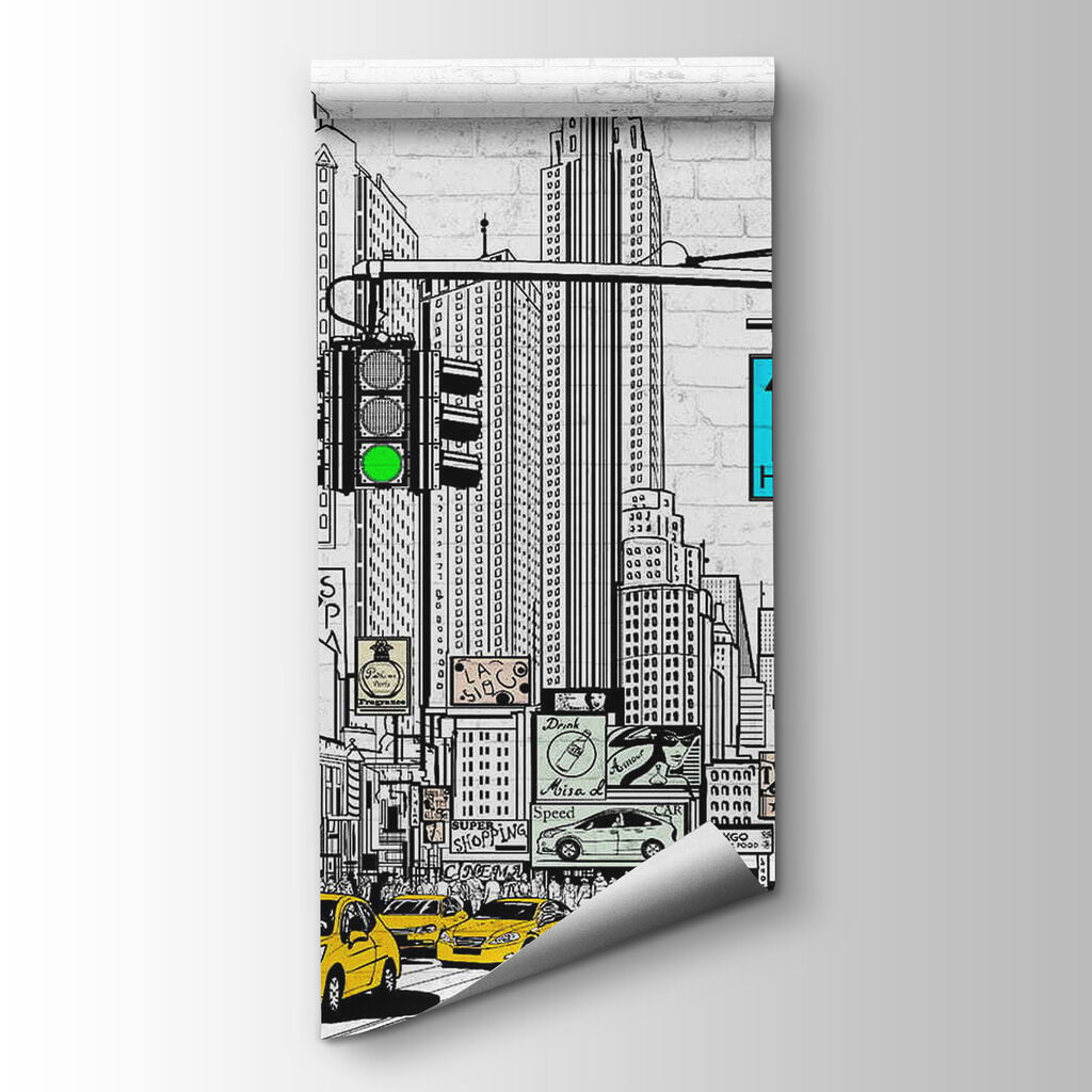 Drawing of a city street with cars and buildings