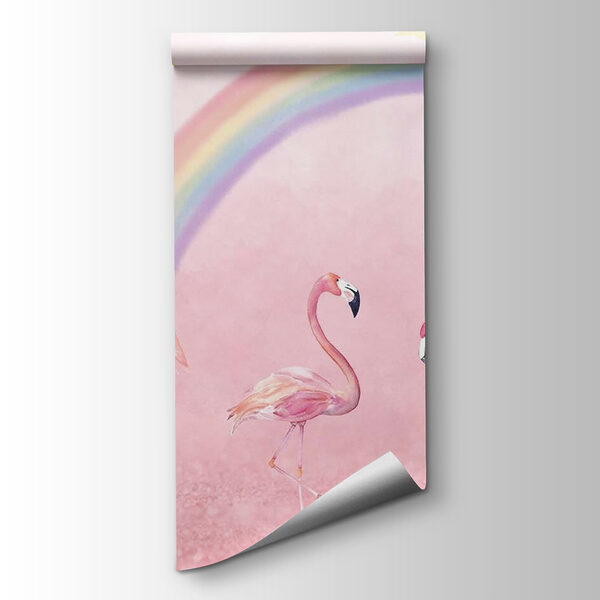 Group of flamingos with a rainbow