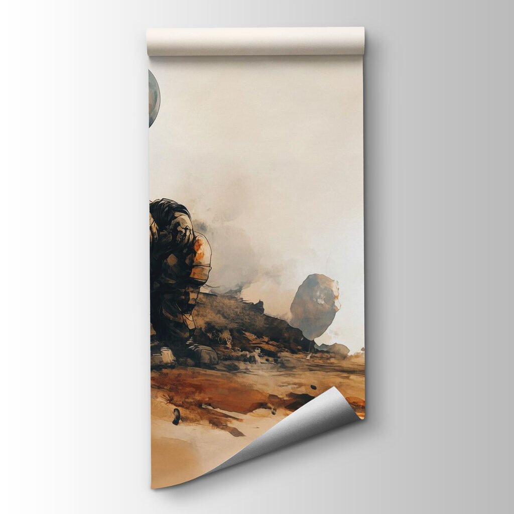 An astronaut sitting on a rock looking at a dog