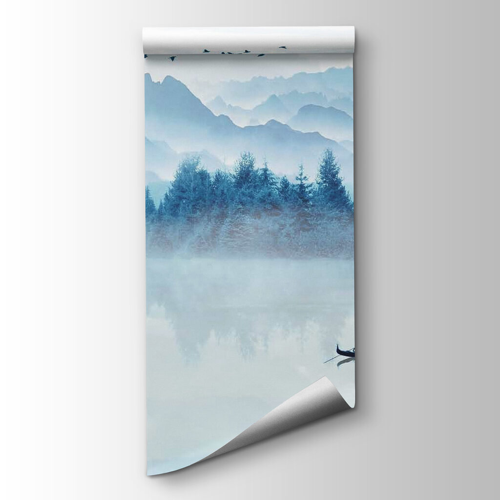 Person in a boat on a lake with birds flying in the sky