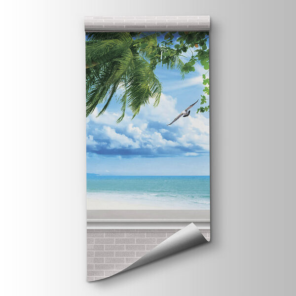 Window with a view of the beach and birds