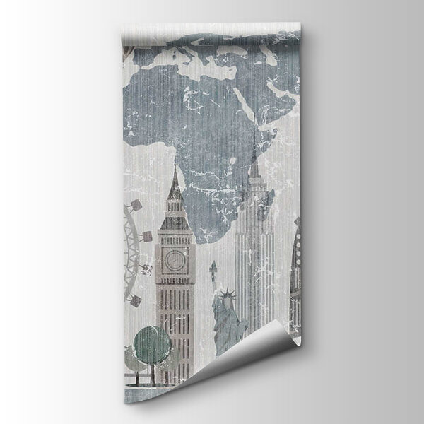 Map of the world with buildings and a ferris wheel