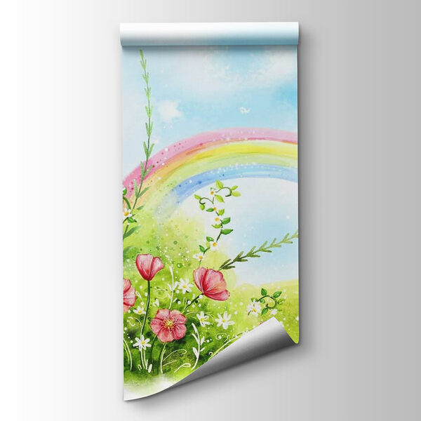 Rainbow and flowers in a green field